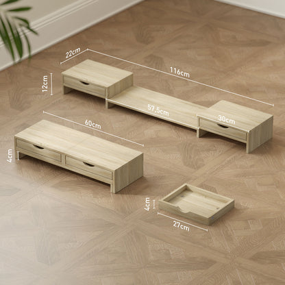 PC Monitor Stand Desk Computer Screen Riser 60-116 cm Monitor Stand with 2 Drawers, Adjustable Length and Angle, for Laptop, Computer, PC, Oak