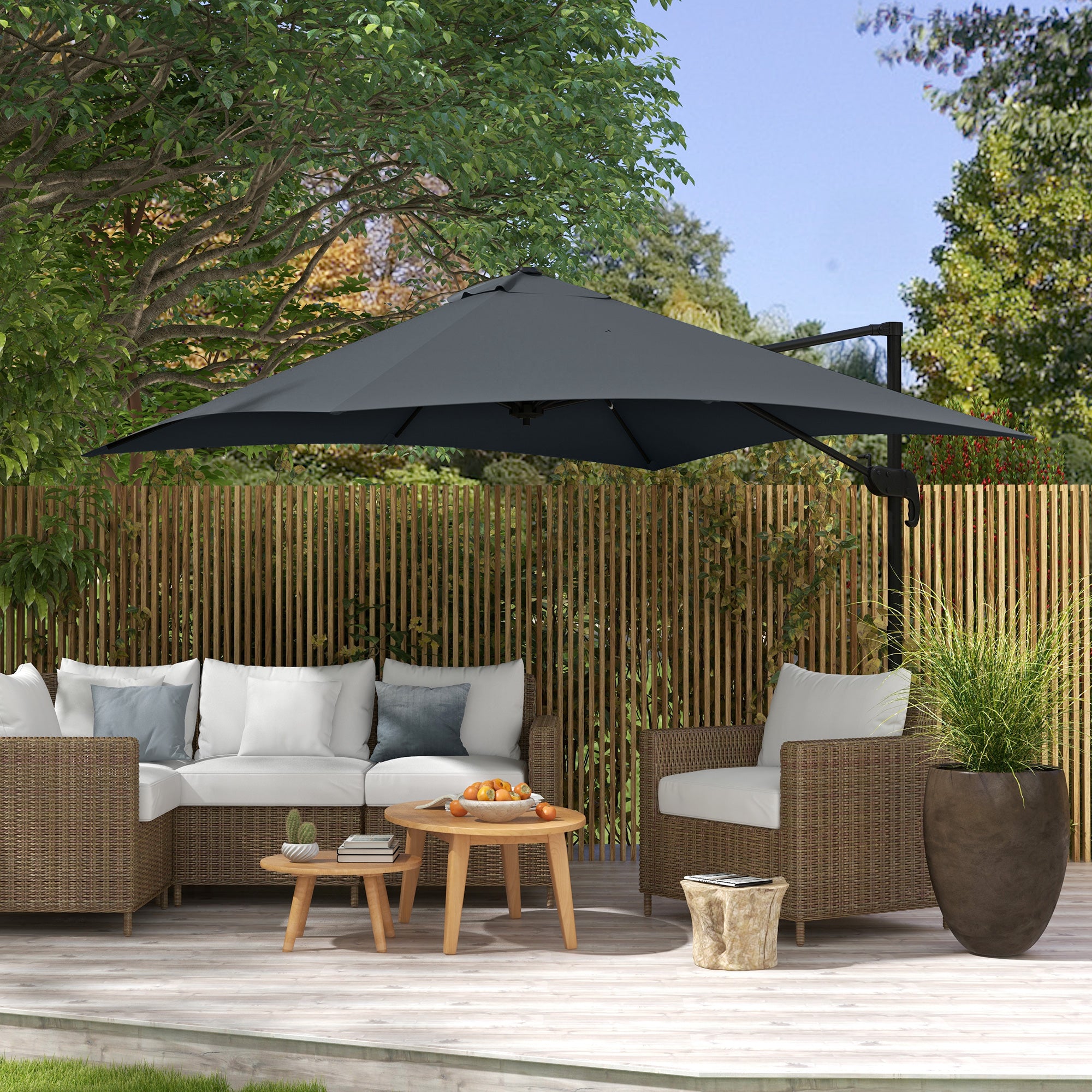 Square Offset Parasol Inclinable Pivotant 360° with Crank Stand - Aluminum 3L x 3W x 2.6H m Dark Grey