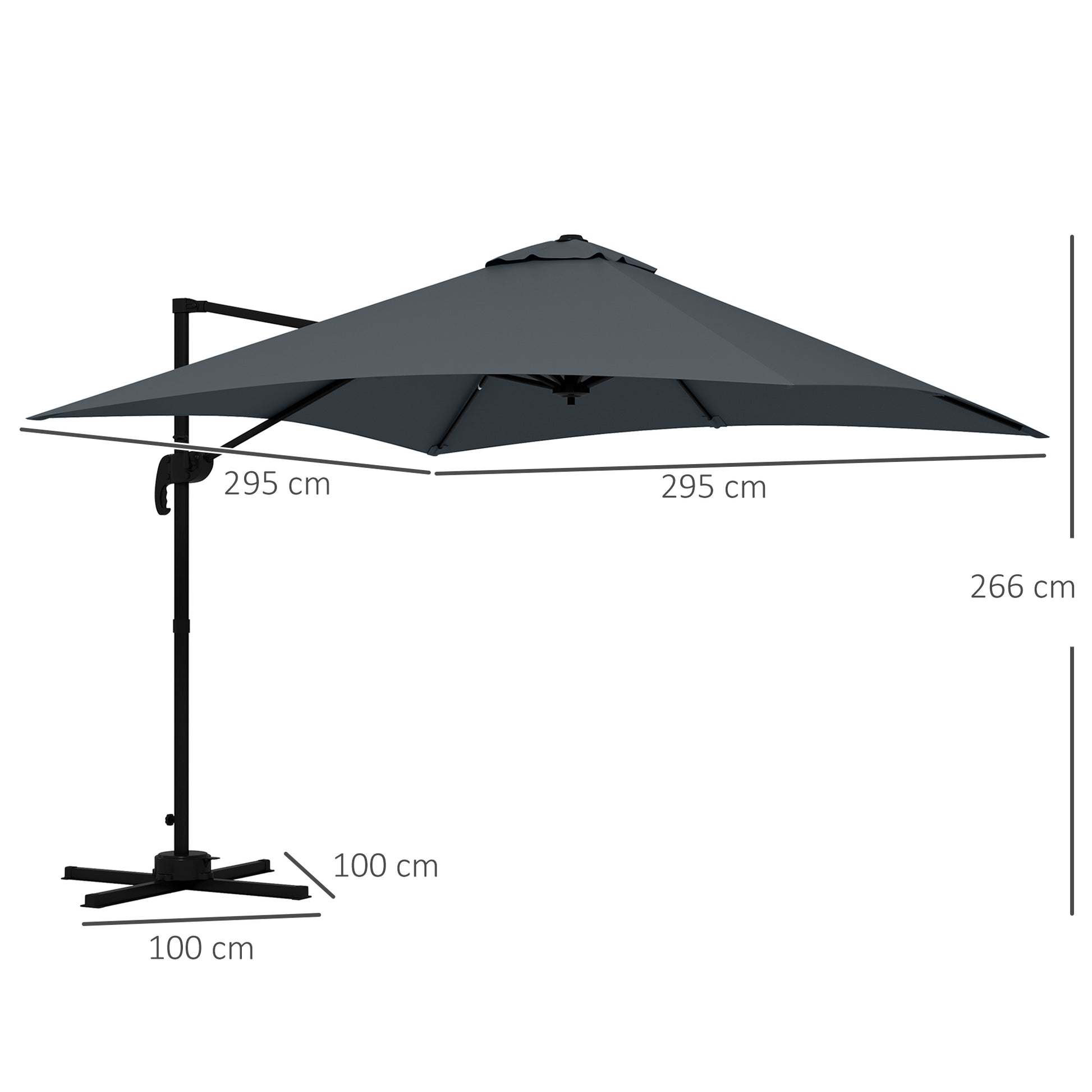 Square Offset Parasol Inclinable Pivotant 360° with Crank Stand - Aluminum 3L x 3W x 2.6H m Dark Grey