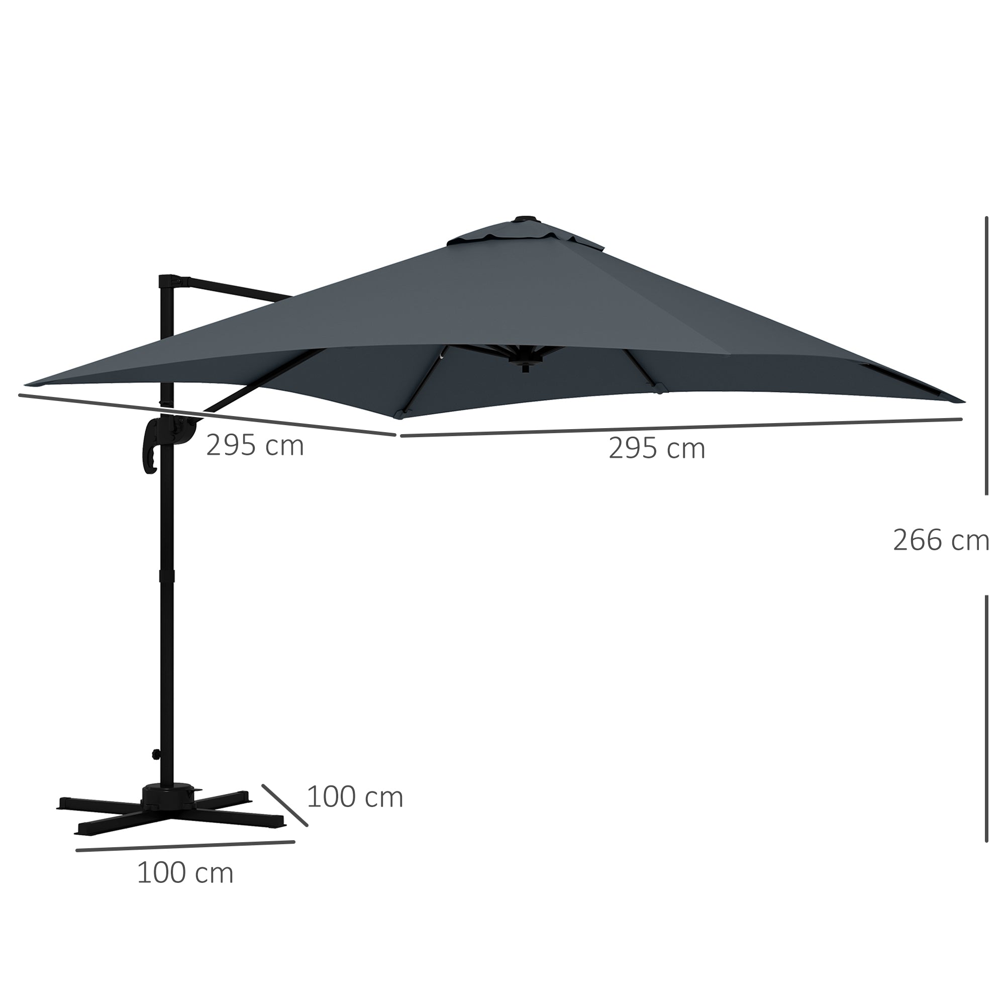 Square Offset Parasol Inclinable Pivotant 360° with Crank Stand - Aluminum 3L x 3W x 2.6H m Dark Grey