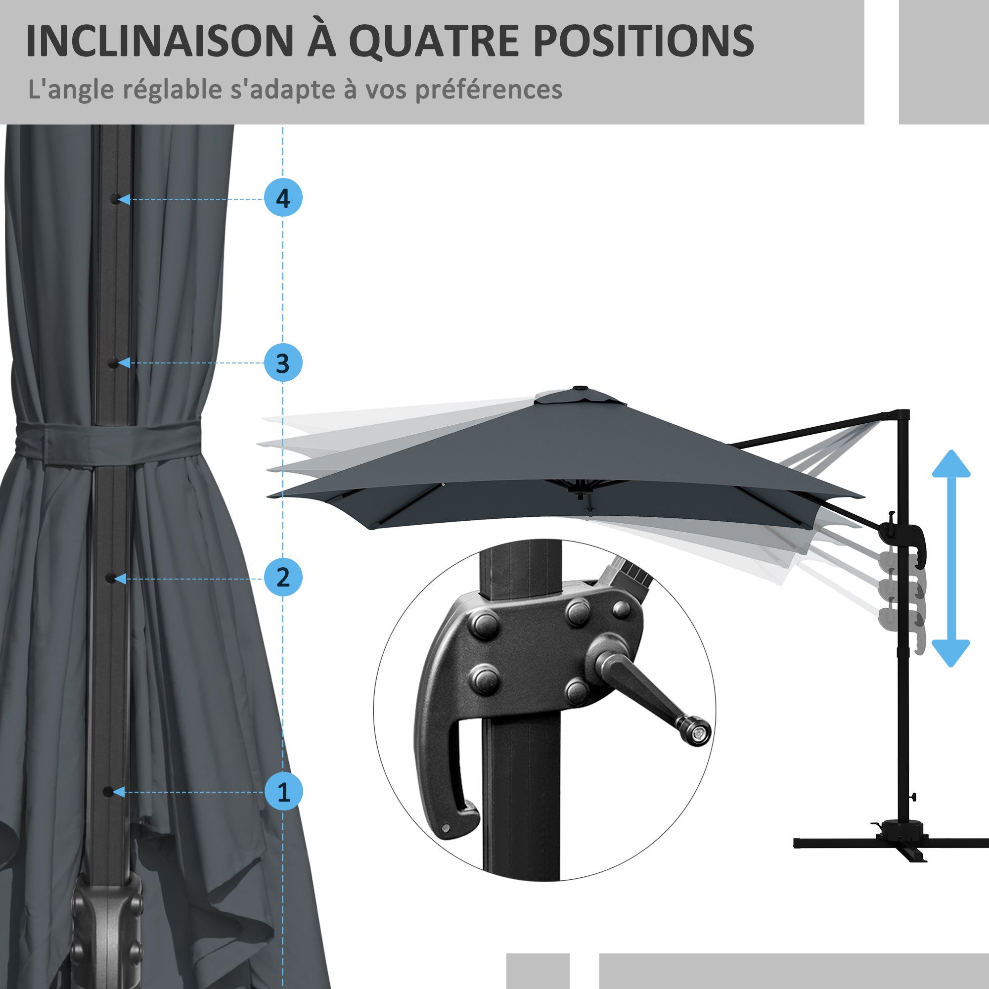 Square Offset Parasol Inclinable Pivotant 360° with Crank Stand - Aluminum 3L x 3W x 2.6H m Dark Grey