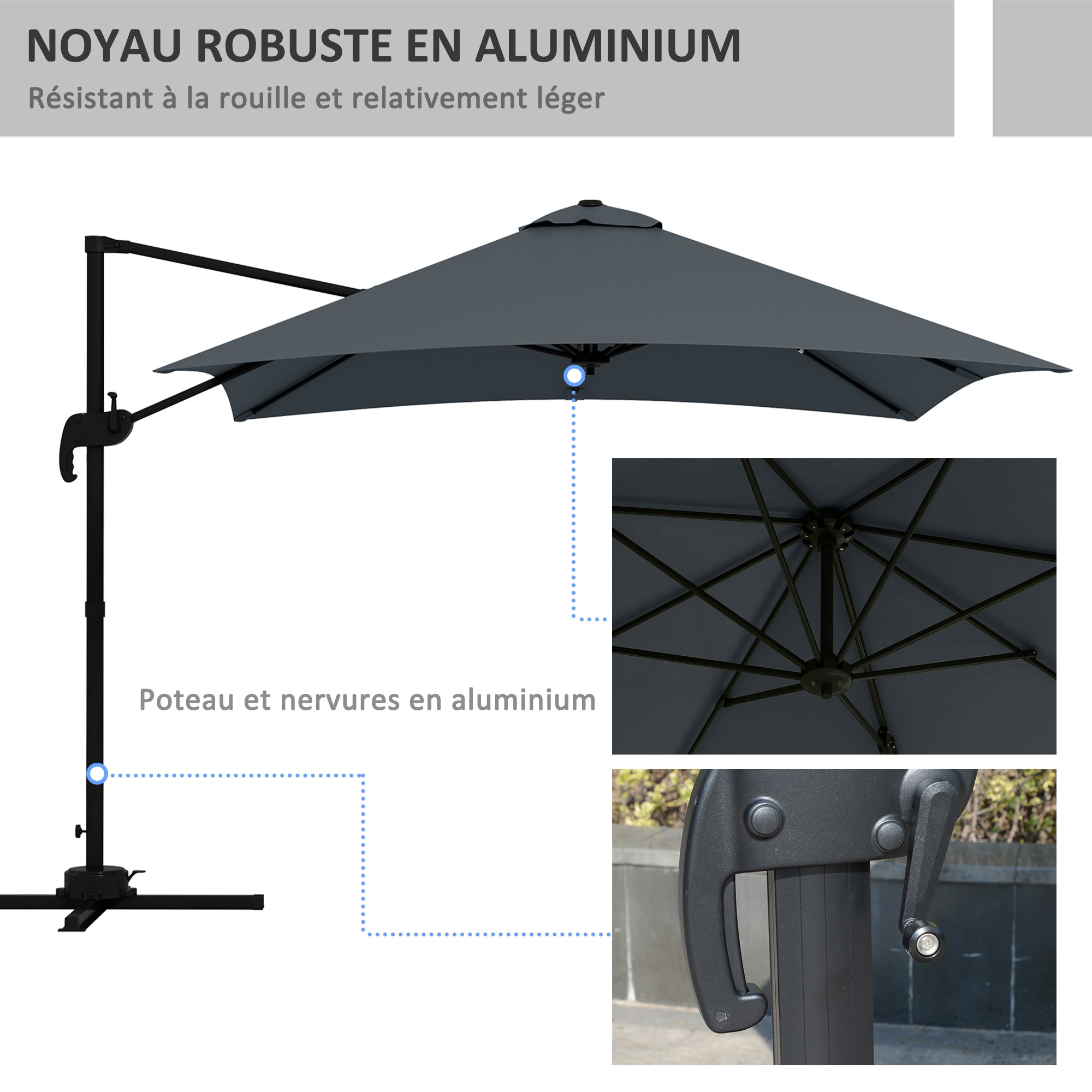Square Offset Parasol Inclinable Pivotant 360° with Crank Stand - Aluminum 3L x 3W x 2.6H m Dark Grey