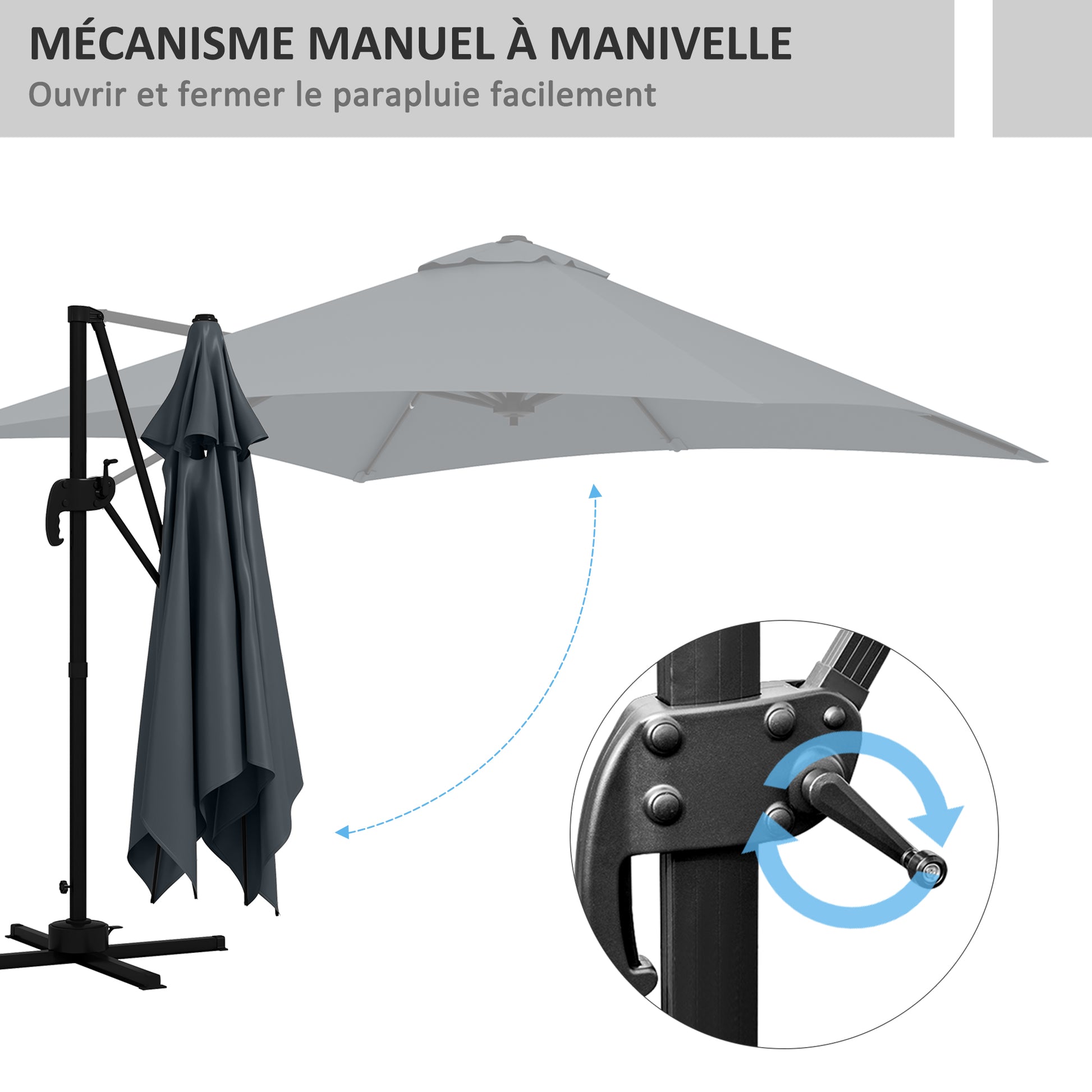 Square Offset Parasol Inclinable Pivotant 360° with Crank Stand - Aluminum 3L x 3W x 2.6H m Dark Grey