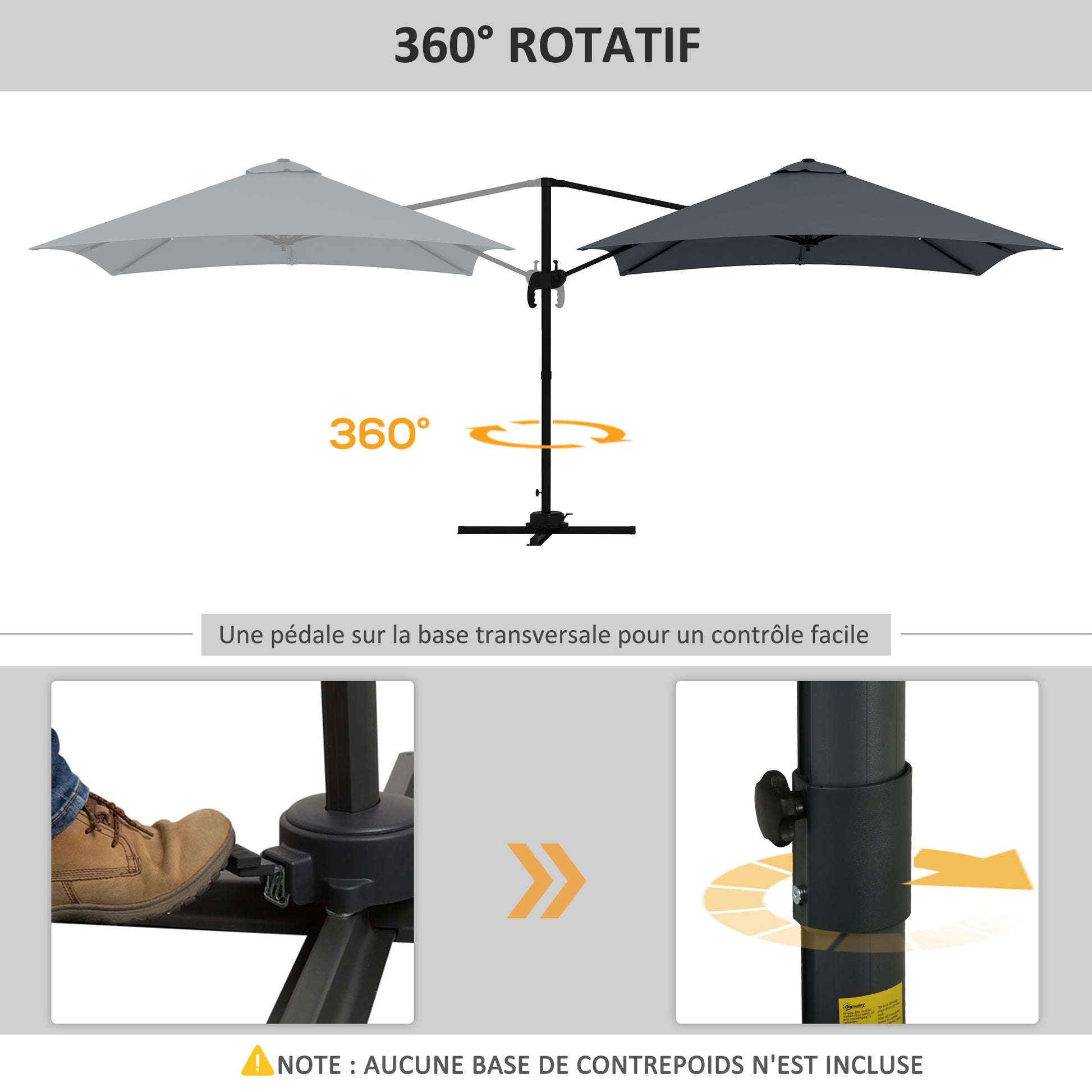 Square Offset Parasol Inclinable Pivotant 360° with Crank Stand - Aluminum 3L x 3W x 2.6H m Dark Grey