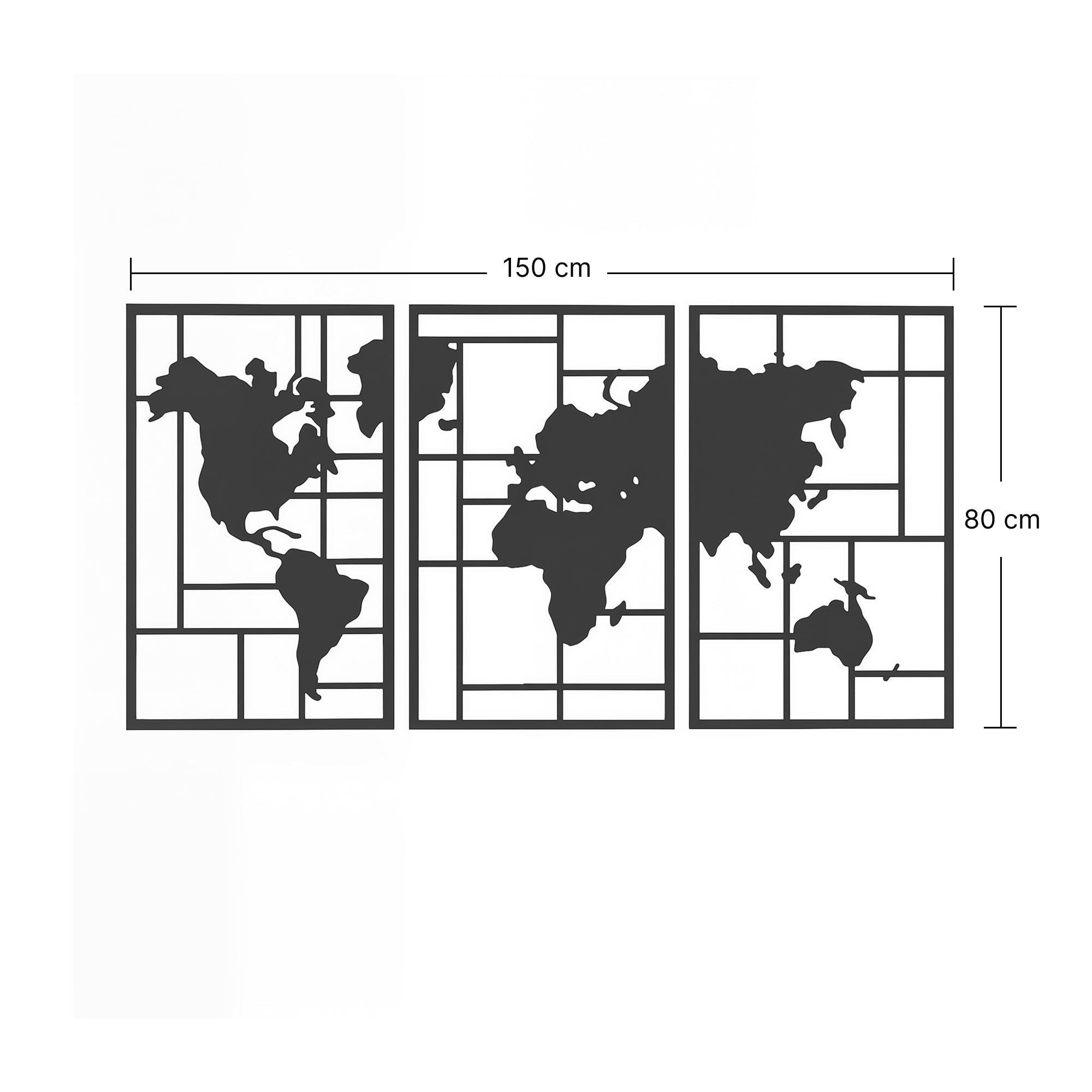 Metal World Map Wall Art, Set of 3, Black Geometric Metal Wall Decor for Living Room, Bedroom, Hallway