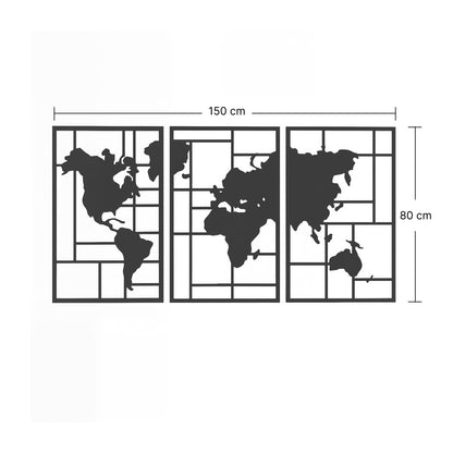 Metal World Map Wall Art, Set of 3, Black Geometric Metal Wall Decor for Living Room, Bedroom, Hallway