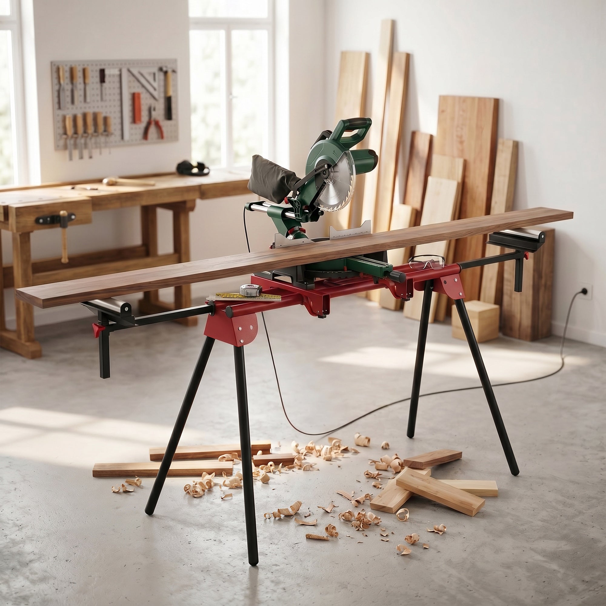 2-Pack Folding Adjustable Saw Horse – Metal Work Stand with Extendable Roller Supports, Height Adjustable, Supports up to 331 lb, Red
