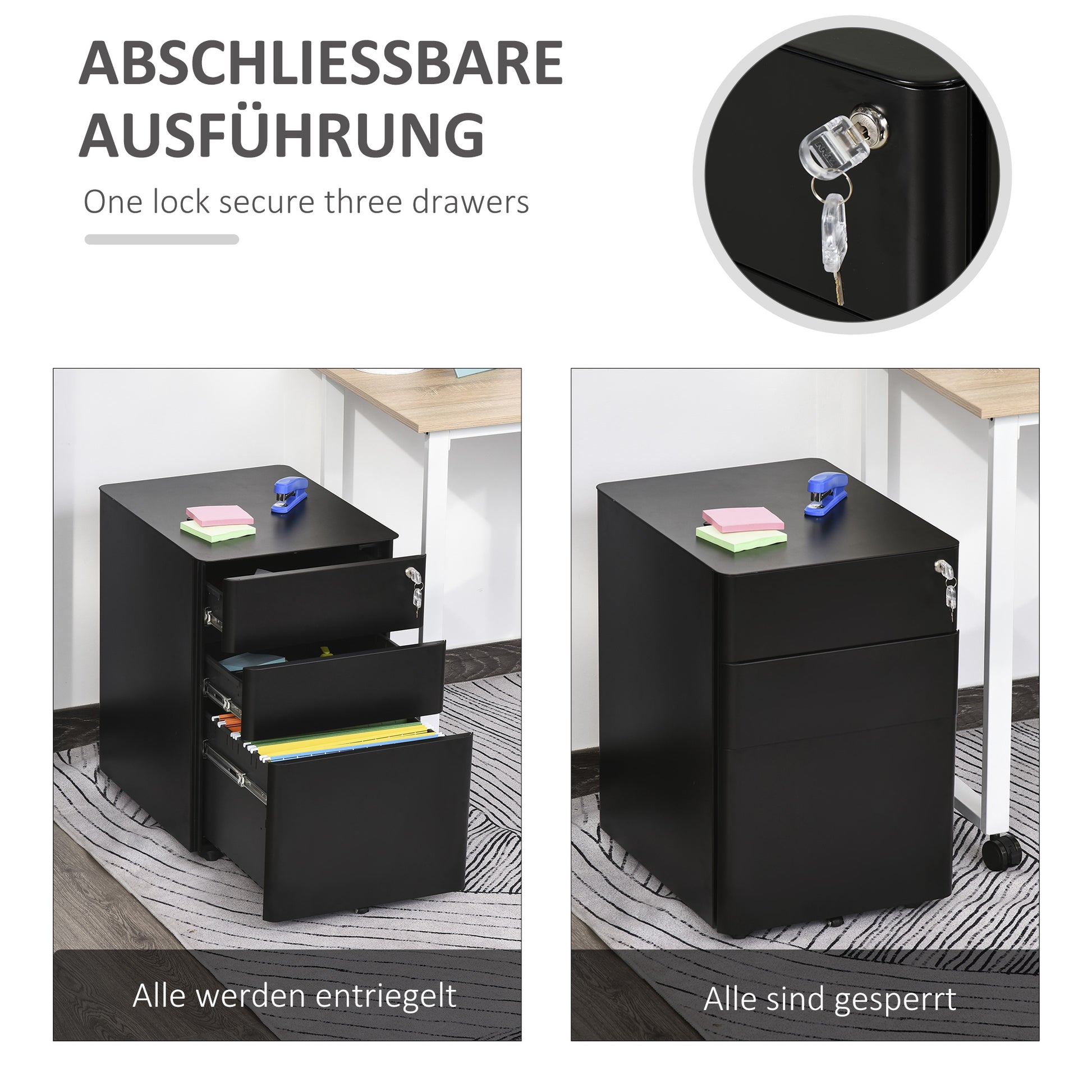 Filing Cabinet, Mobile Filing Cabinet with 3 Drawers, Lockable Office Cabinet with Hanging File Folder, Storage, Steel, 39 x 48 x 59 cm Black
