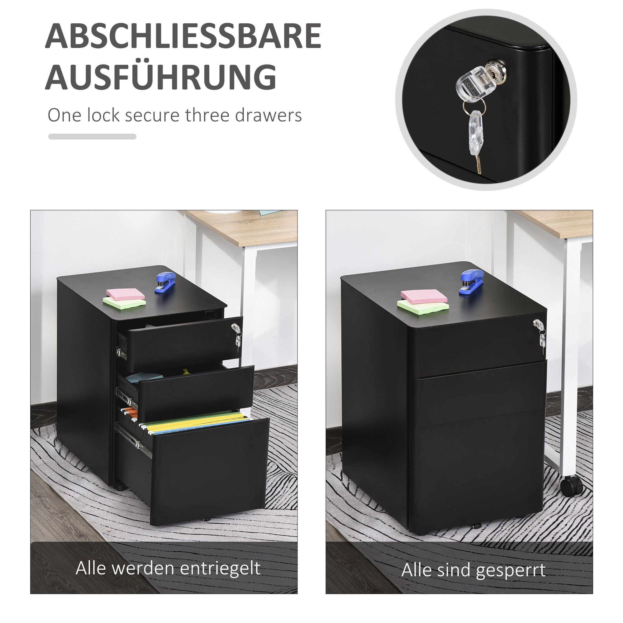 Filing Cabinet, Mobile Filing Cabinet with 3 Drawers, Lockable Office Cabinet with Hanging File Folder, Storage, Steel, 39 x 48 x 59 cm Black