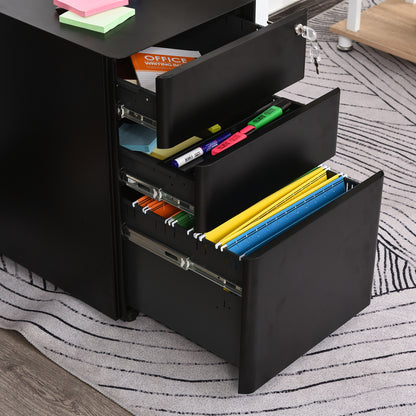 Filing Cabinet, Mobile Filing Cabinet with 3 Drawers, Lockable Office Cabinet with Hanging File Folder, Storage, Steel, 39 x 48 x 59 cm Black