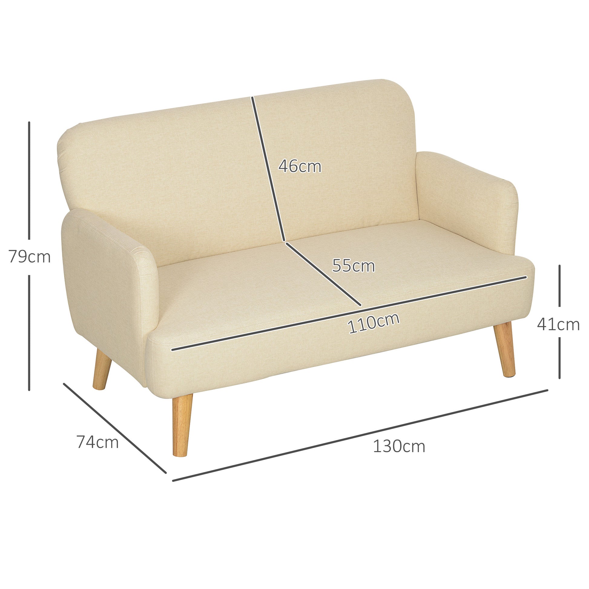 2 Seater Sofa, Small Couch with Velvet Look, Wooden Legs, Thick Padded Upholstered Sofa with Armrest for Living Room, Bedroom, 130 x 74 x 79 cm, Cream White