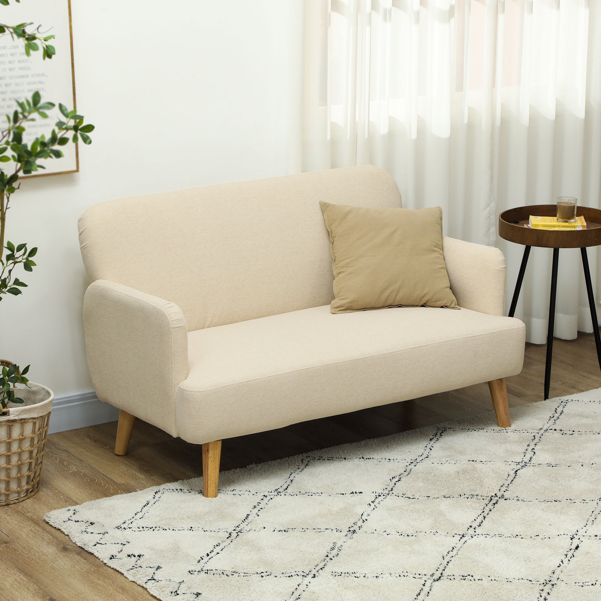 2 Seater Sofa, Small Couch with Velvet Look, Wooden Legs, Thick Padded Upholstered Sofa with Armrest for Living Room, Bedroom, 130 x 74 x 79 cm, Cream White