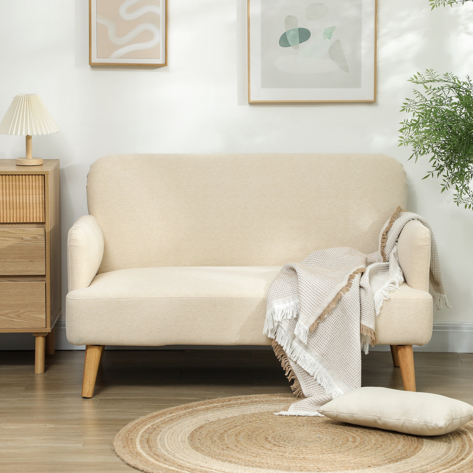 2 Seater Sofa, Small Couch with Velvet Look, Wooden Legs, Thick Padded Upholstered Sofa with Armrest for Living Room, Bedroom, 130 x 74 x 79 cm, Cream White