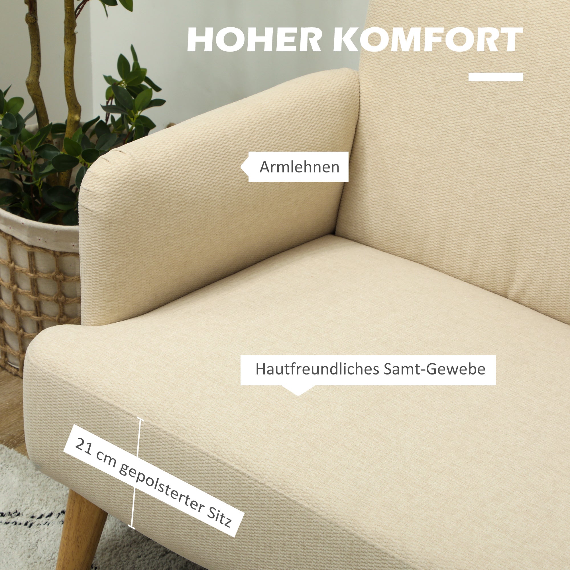2 Seater Sofa, Small Couch with Velvet Look, Wooden Legs, Thick Padded Upholstered Sofa with Armrest for Living Room, Bedroom, 130 x 74 x 79 cm, Cream White
