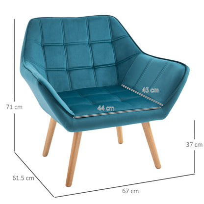 Armchair Living Room Wing Chair Lounge Chair Relax Armchair with Rubberwood Legs, Reading Chair with Velvet Look, Upholstered Chair for Bedroom, Scandinavian, Light Blue