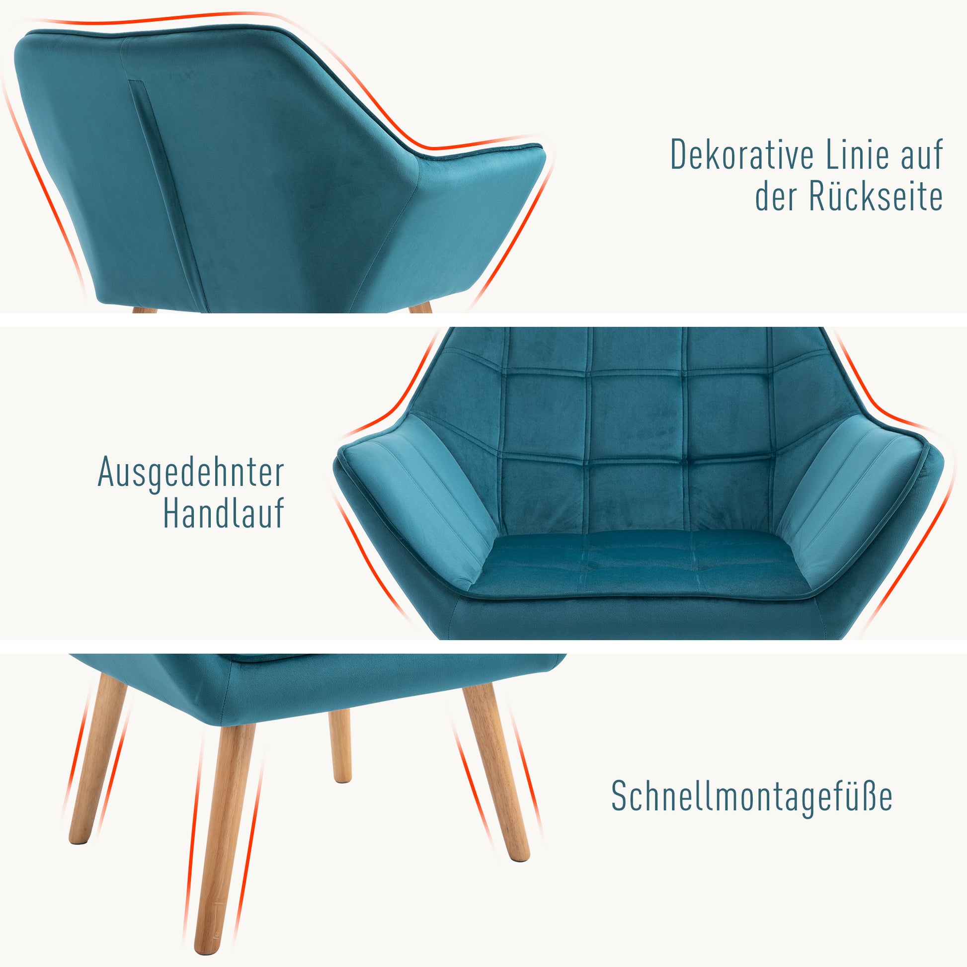 Armchair Living Room Wing Chair Lounge Chair Relax Armchair with Rubberwood Legs, Reading Chair with Velvet Look, Upholstered Chair for Bedroom, Scandinavian, Light Blue