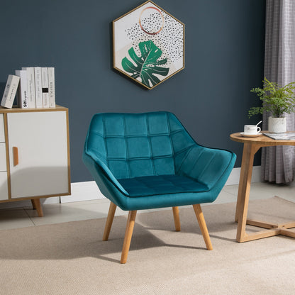 Armchair Living Room Wing Chair Lounge Chair Relax Armchair with Rubberwood Legs, Reading Chair with Velvet Look, Upholstered Chair for Bedroom, Scandinavian, Light Blue