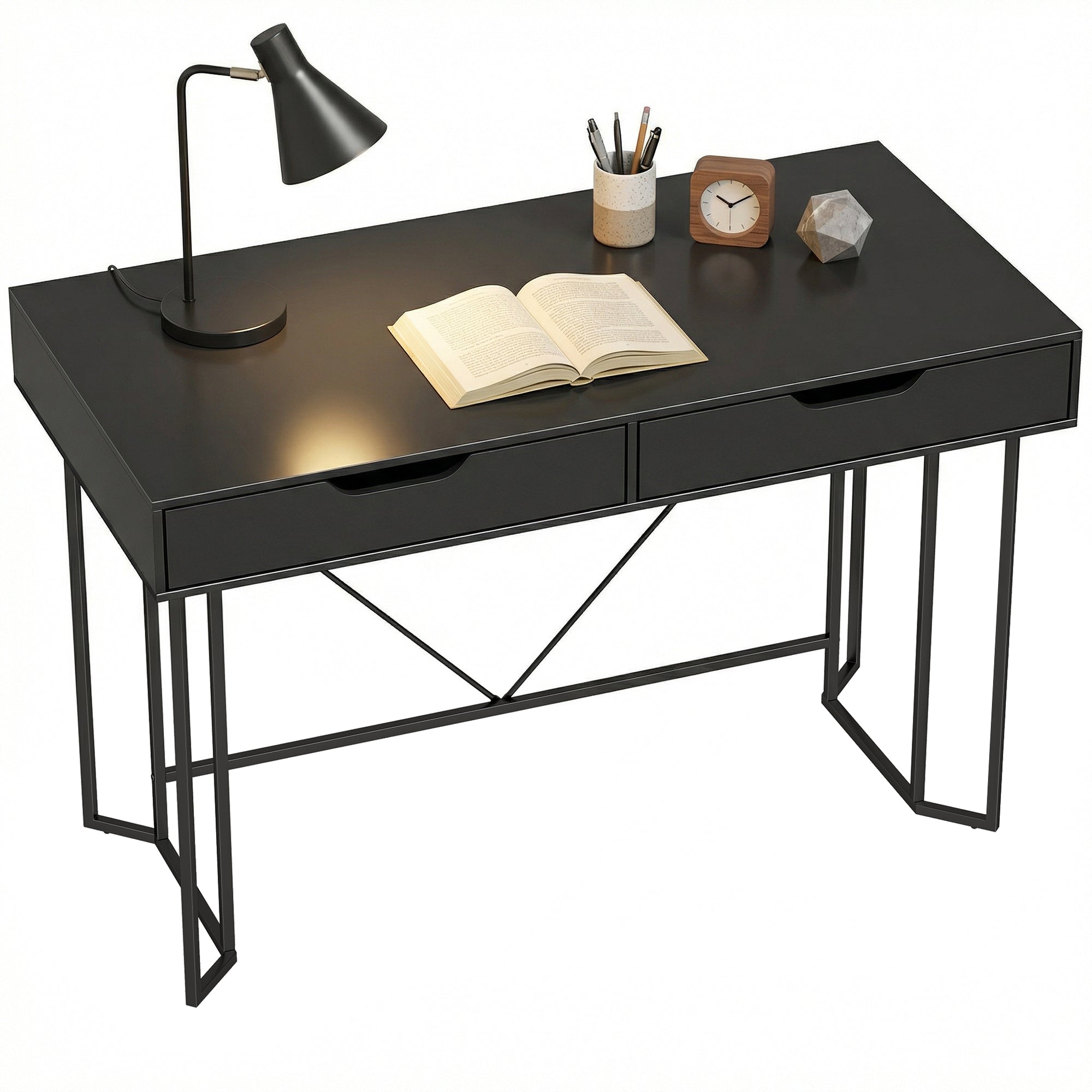 Computer Desk with 2 Drawers, Modern Design Metal Frame for Home Office & Bedroom — 47.2 x 23.6 x 30.3 in, Black