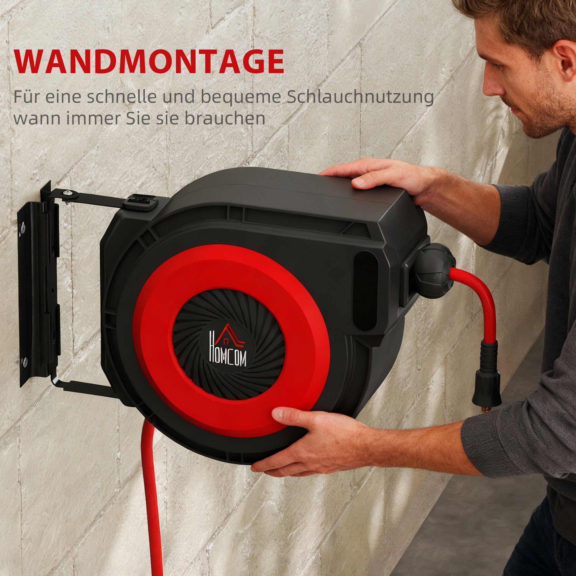 Automatic Air Hose Reel 15 m + 1.5 m Hose with 1/4" Quick Connector, 3/8" (9.5 x 15.8 mm), Max Pressure 10 bar, 180° Swivel, Wall-Mount