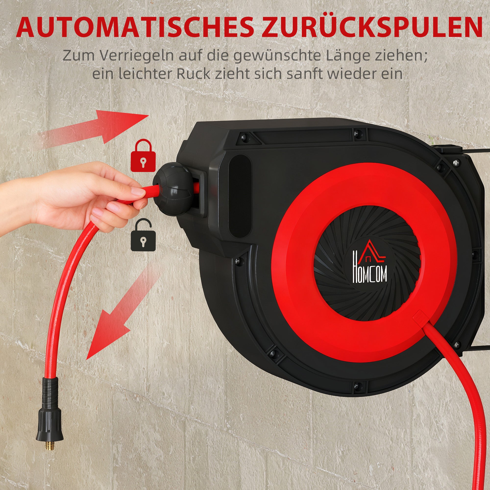 Automatic Air Hose Reel 15 m + 1.5 m Hose with 1/4" Quick Connector, 3/8" (9.5 x 15.8 mm), Max Pressure 10 bar, 180° Swivel, Wall-Mount