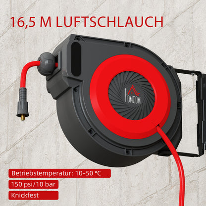 Automatic Air Hose Reel 15 m + 1.5 m Hose with 1/4" Quick Connector, 3/8" (9.5 x 15.8 mm), Max Pressure 10 bar, 180° Swivel, Wall-Mount
