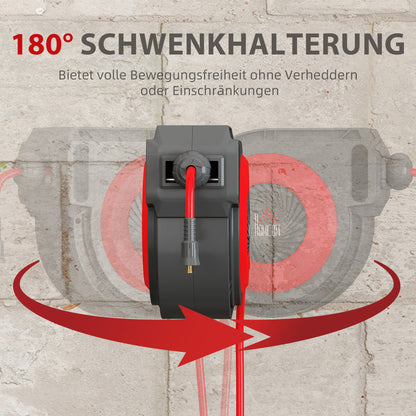 Automatic Air Hose Reel 15 m + 1.5 m Hose with 1/4" Quick Connector, 3/8" (9.5 x 15.8 mm), Max Pressure 10 bar, 180° Swivel, Wall-Mount