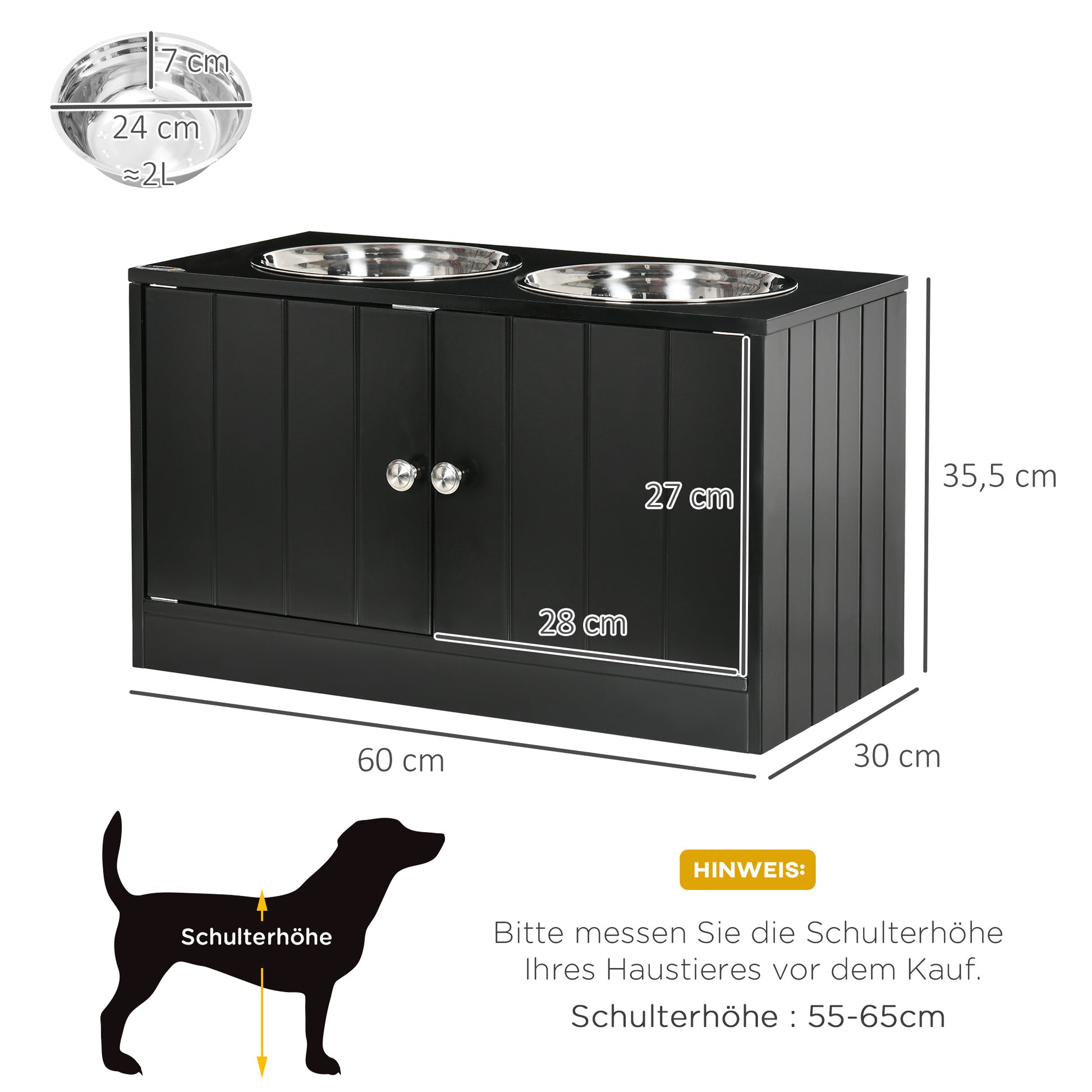 Elevated Dog Bowl Feeding Station with Storage Water Bowl 2 x 2000ml Stainless Steel Bowls Food Bowl Dog Bowls Feeding Station for Large Dogs Cats Black