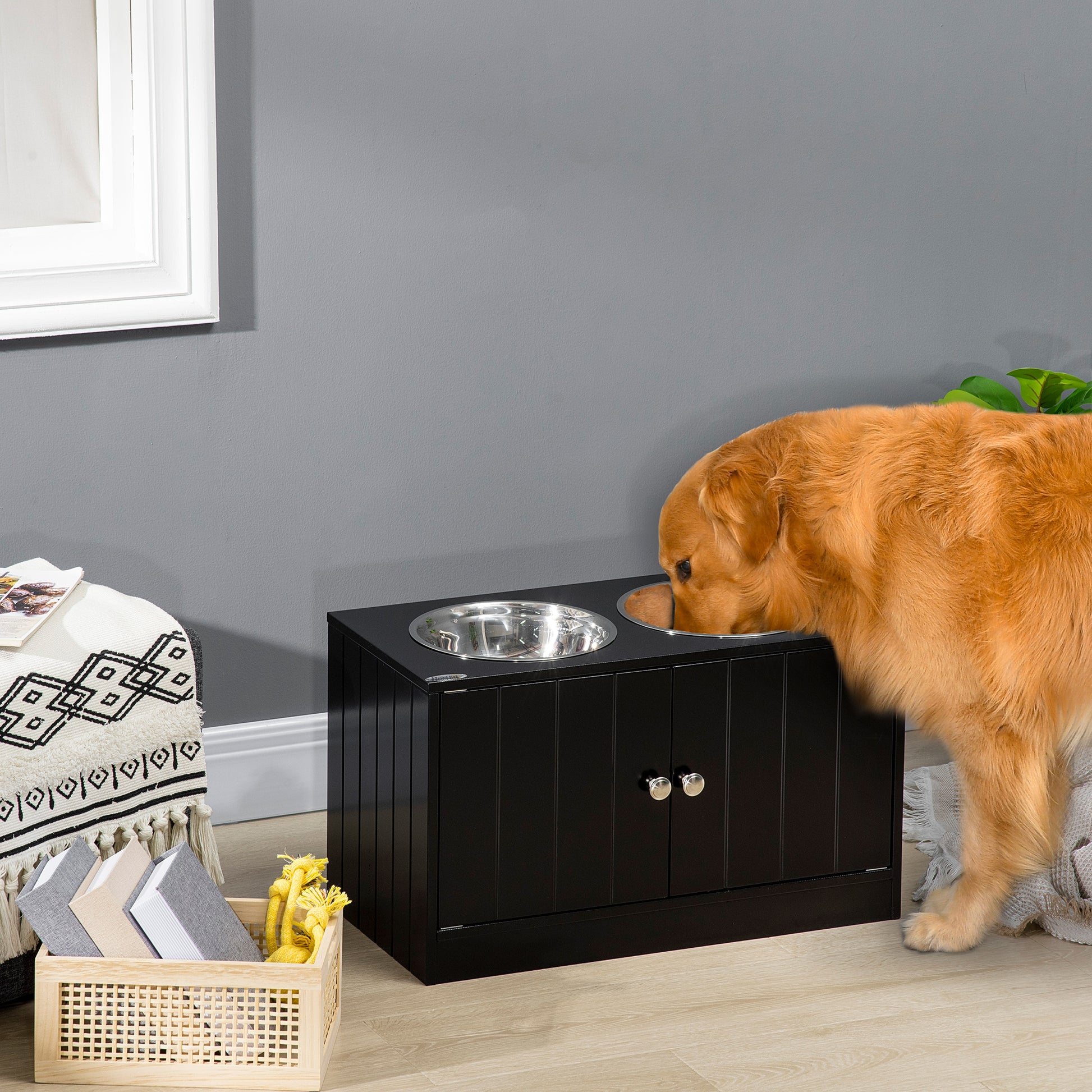 Elevated Dog Bowl Feeding Station with Storage Water Bowl 2 x 2000ml Stainless Steel Bowls Food Bowl Dog Bowls Feeding Station for Large Dogs Cats Black