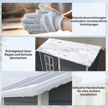 Tool Shed 2.1m², Waterproof Garden House with Floor Pent Roof, 131x186x198/172 cm, Tool Shed with Lockable Door, Window Bicycle Garage made of Plastic, for Backyard, Garden, Gray