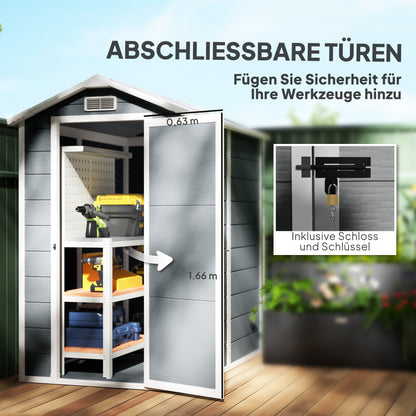 Tool Shed 2.1m², Waterproof Garden House with Floor Pent Roof, 131x186x198/172 cm, Tool Shed with Lockable Door, Window Bicycle Garage made of Plastic, for Backyard, Garden, Gray