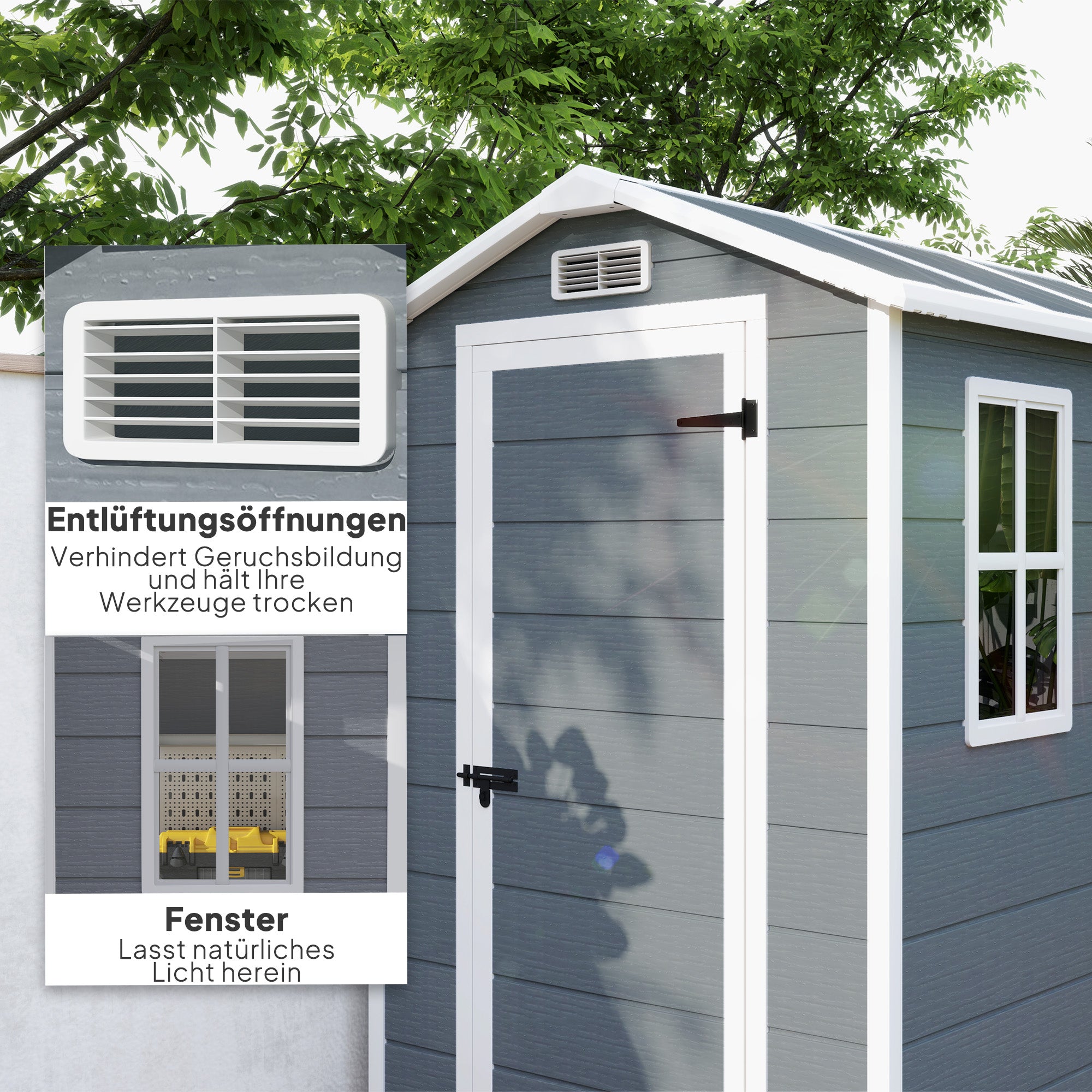 Tool Shed 2.1m², Waterproof Garden House with Floor Pent Roof, 131x186x198/172 cm, Tool Shed with Lockable Door, Window Bicycle Garage made of Plastic, for Backyard, Garden, Gray