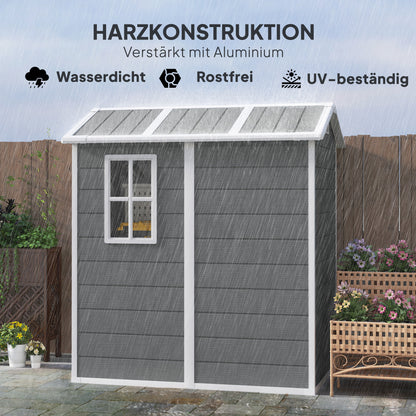 Tool Shed 2.1m², Waterproof Garden House with Floor Pent Roof, 131x186x198/172 cm, Tool Shed with Lockable Door, Window Bicycle Garage made of Plastic, for Backyard, Garden, Gray