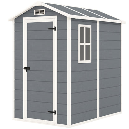 Tool Shed 2.1m², Waterproof Garden House with Floor Pent Roof, 131x186x198/172 cm, Tool Shed with Lockable Door, Window Bicycle Garage made of Plastic, for Backyard, Garden, Gray