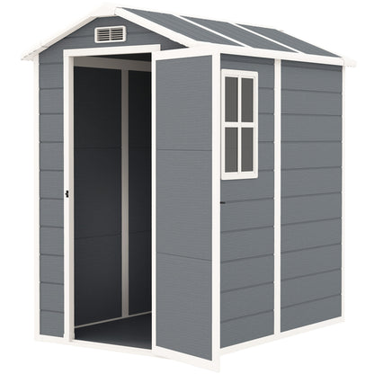 Tool Shed 2.1m², Waterproof Garden House with Floor Pent Roof, 131x186x198/172 cm, Tool Shed with Lockable Door, Window Bicycle Garage made of Plastic, for Backyard, Garden, Gray