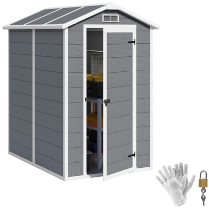 Tool Shed 2.1m², Waterproof Garden House with Floor Pent Roof, 131x186x198/172 cm, Tool Shed with Lockable Door, Window Bicycle Garage made of Plastic, for Backyard, Garden, Gray