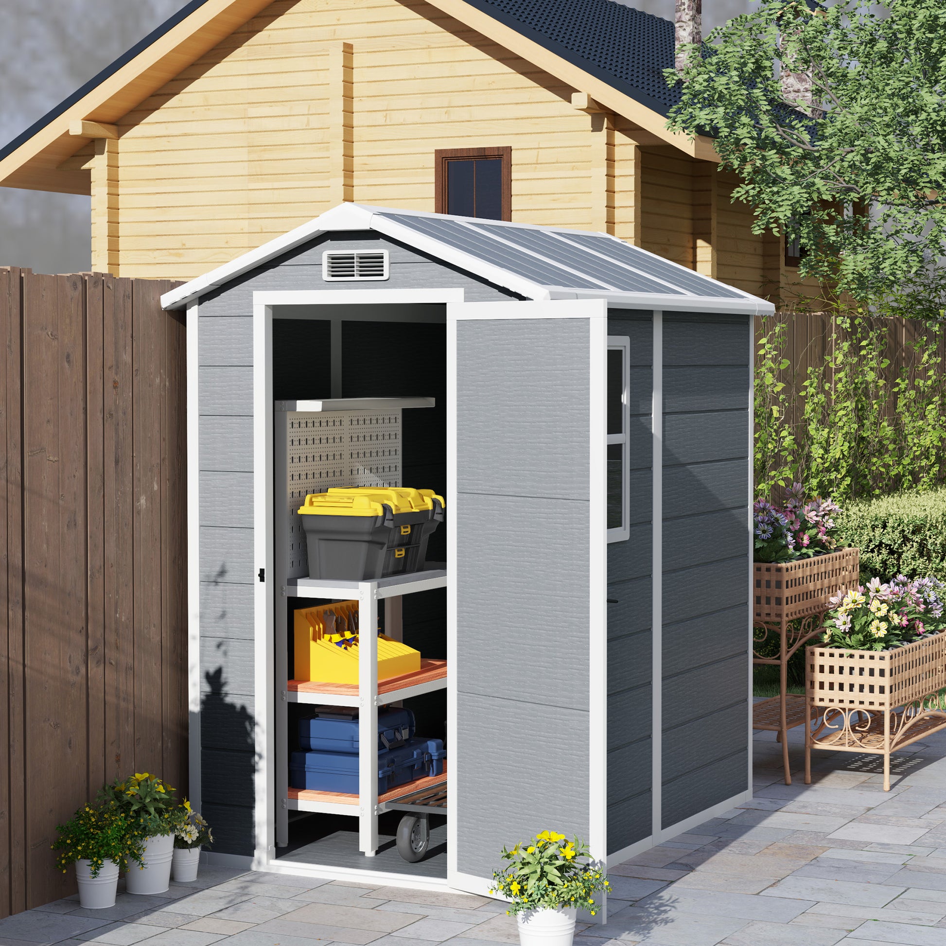 Tool Shed 2.1m², Waterproof Garden House with Floor Pent Roof, 131x186x198/172 cm, Tool Shed with Lockable Door, Window Bicycle Garage made of Plastic, for Backyard, Garden, Gray