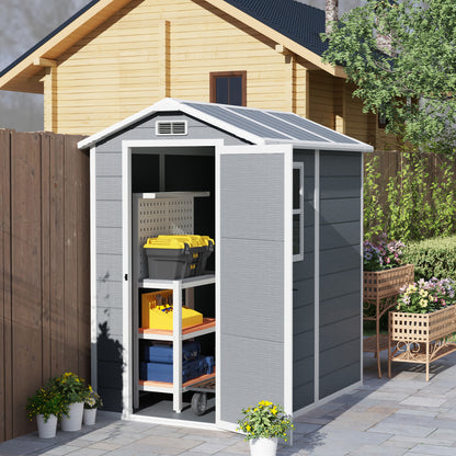Tool Shed 2.1m², Waterproof Garden House with Floor Pent Roof, 131x186x198/172 cm, Tool Shed with Lockable Door, Window Bicycle Garage made of Plastic, for Backyard, Garden, Gray