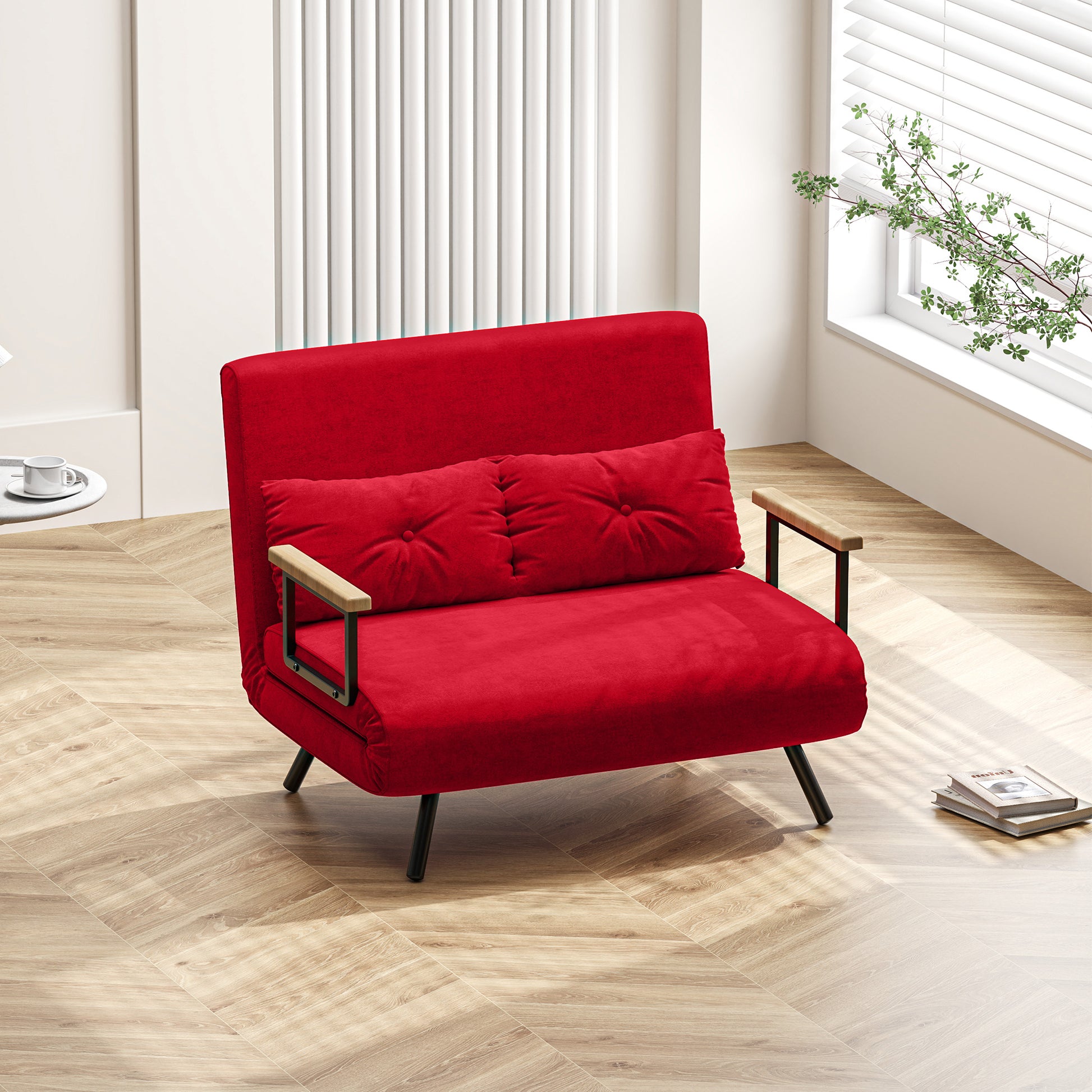 2-Seater Sofa Bed with Adjustable Backrest in 5 Levels, Folding Double Sofa Bed with 2 Cushions for Living Room, Upholstered Fabric, Steel and Wood, 102x73x81 cm, Red