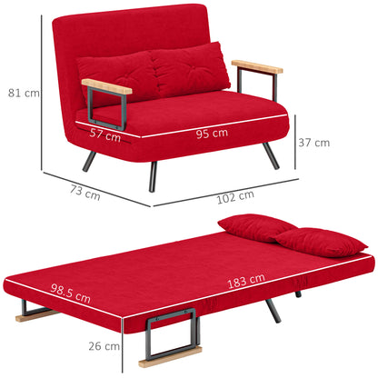 2-Seater Sofa Bed with Adjustable Backrest in 5 Levels, Folding Double Sofa Bed with 2 Cushions for Living Room, Upholstered Fabric, Steel and Wood, 102x73x81 cm, Red