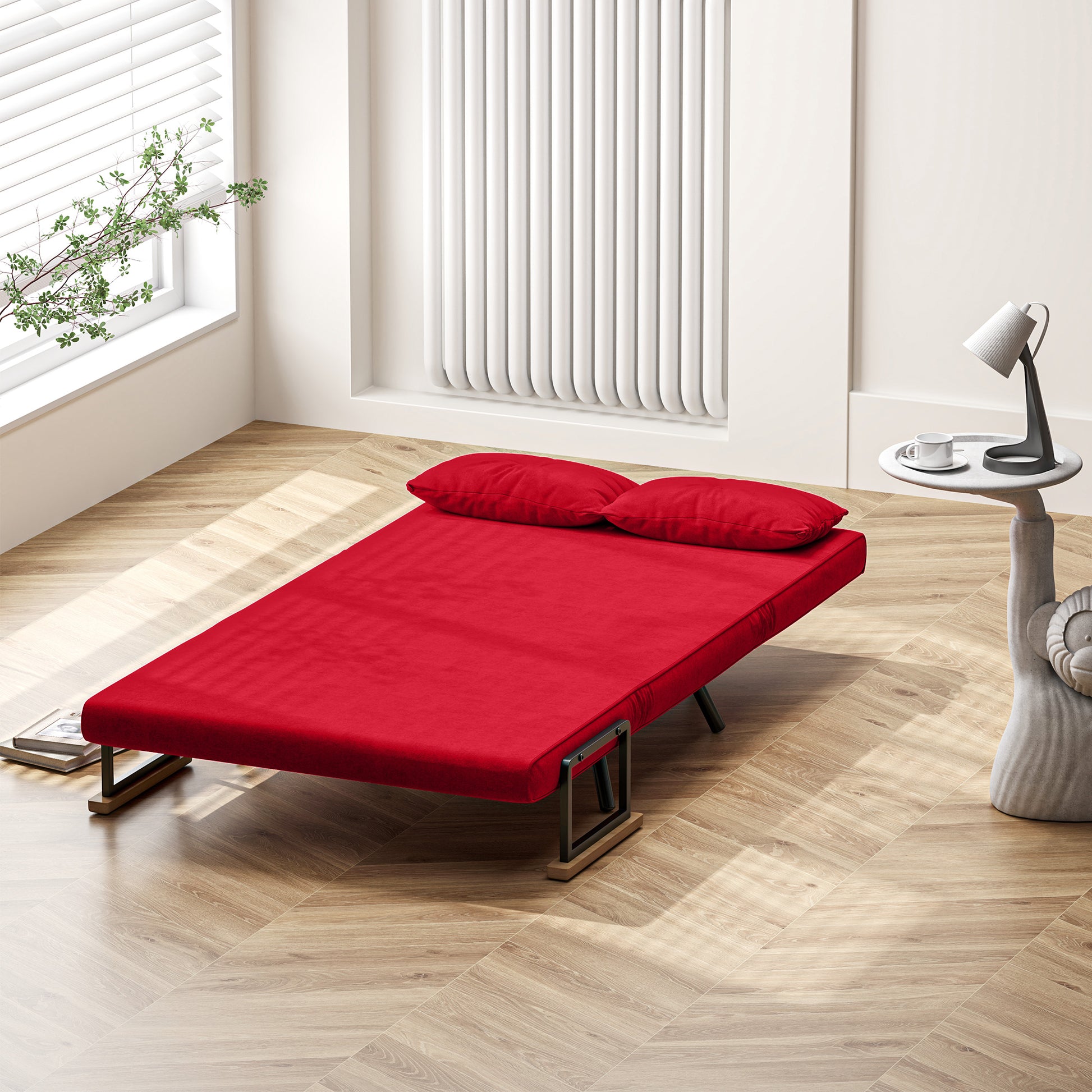 2-Seater Sofa Bed with Adjustable Backrest in 5 Levels, Folding Double Sofa Bed with 2 Cushions for Living Room, Upholstered Fabric, Steel and Wood, 102x73x81 cm, Red