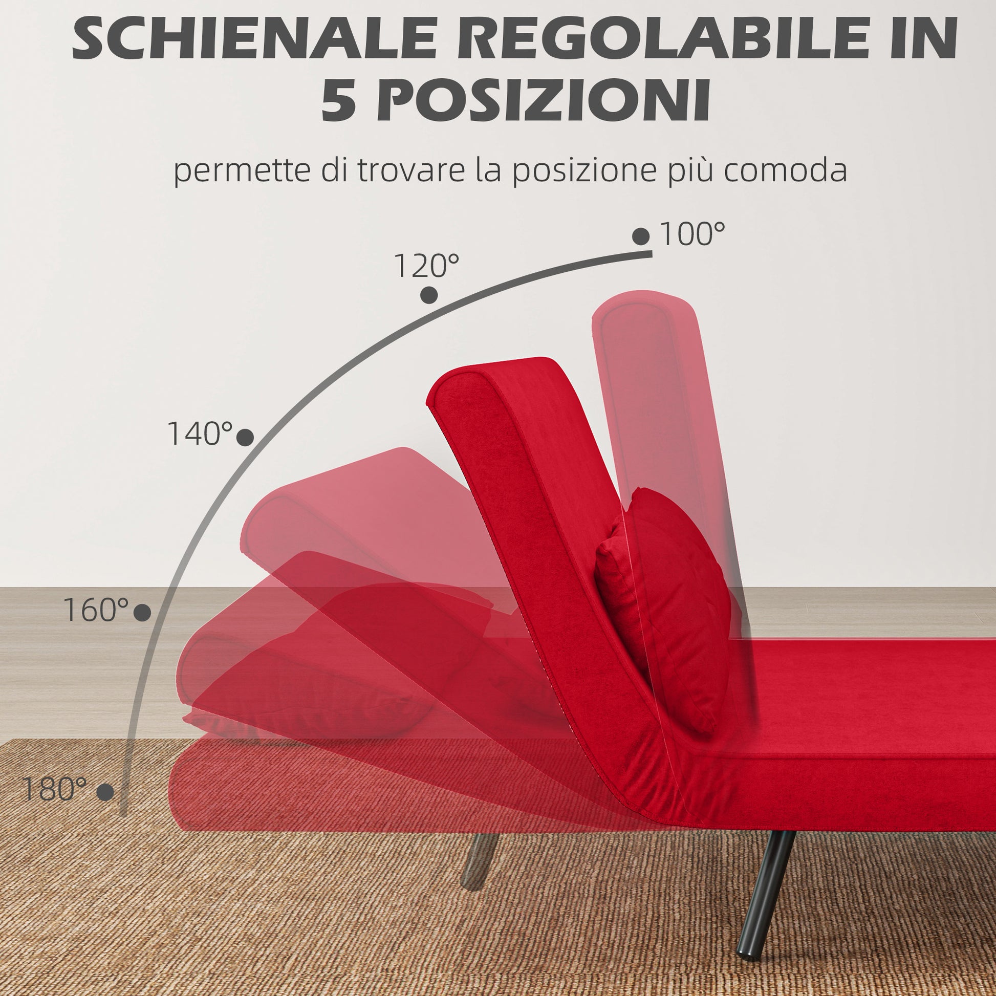 2-Seater Sofa Bed with Adjustable Backrest in 5 Levels, Folding Double Sofa Bed with 2 Cushions for Living Room, Upholstered Fabric, Steel and Wood, 102x73x81 cm, Red