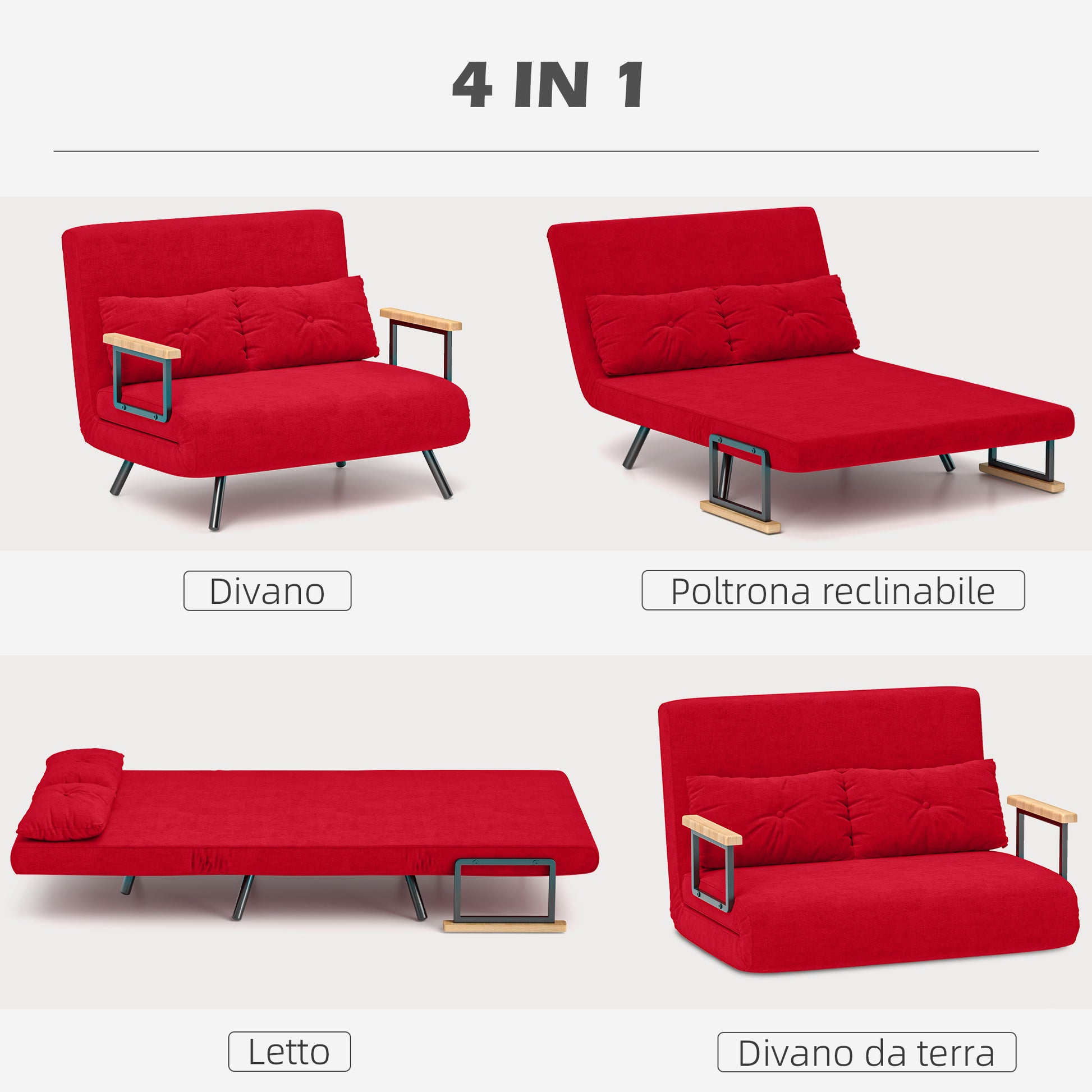 2-Seater Sofa Bed with Adjustable Backrest in 5 Levels, Folding Double Sofa Bed with 2 Cushions for Living Room, Upholstered Fabric, Steel and Wood, 102x73x81 cm, Red