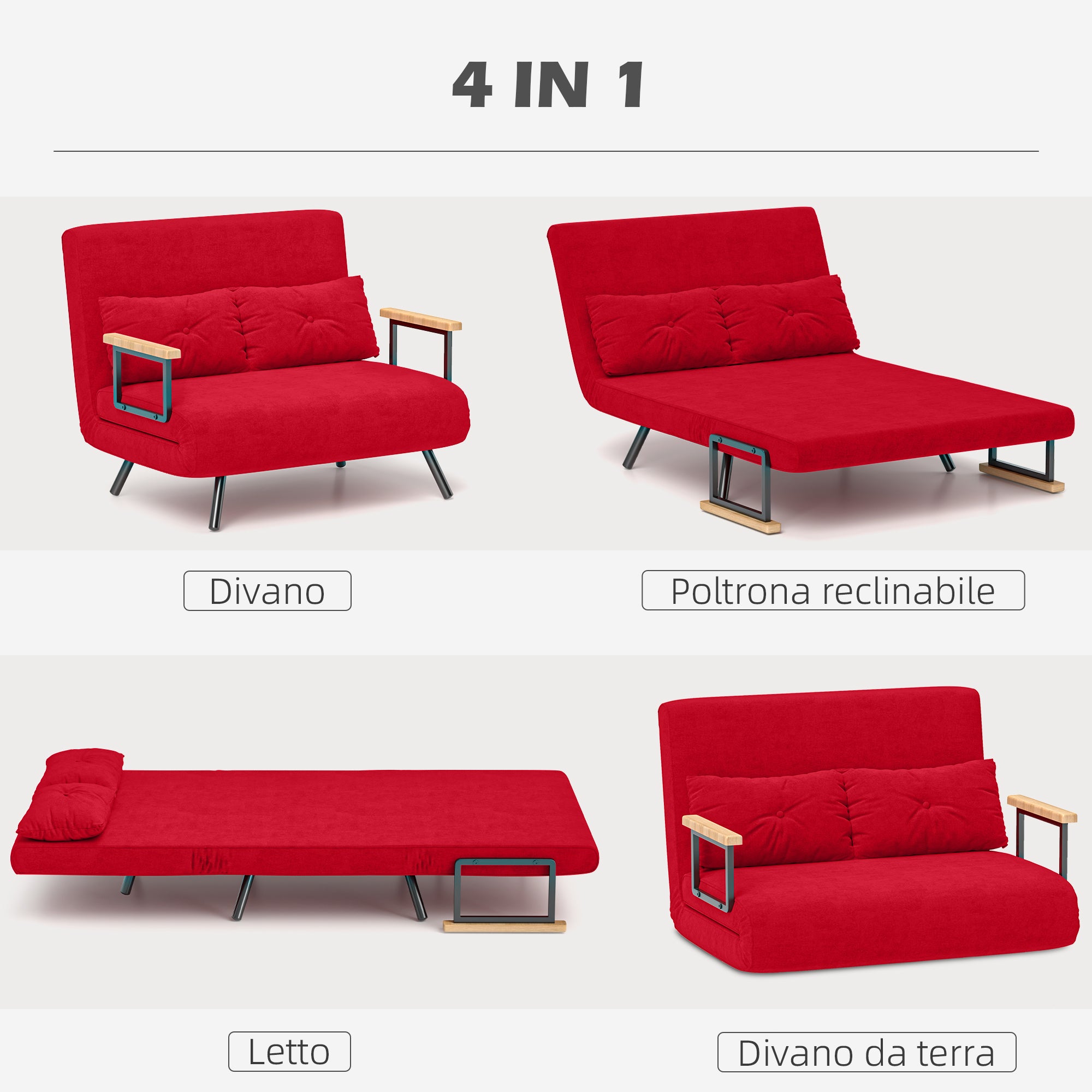 2-Seater Sofa Bed with Adjustable Backrest in 5 Levels, Folding Double Sofa Bed with 2 Cushions for Living Room, Upholstered Fabric, Steel and Wood, 102x73x81 cm, Red