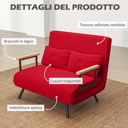 2-Seater Sofa Bed with Adjustable Backrest in 5 Levels, Folding Double Sofa Bed with 2 Cushions for Living Room, Upholstered Fabric, Steel and Wood, 102x73x81 cm, Red