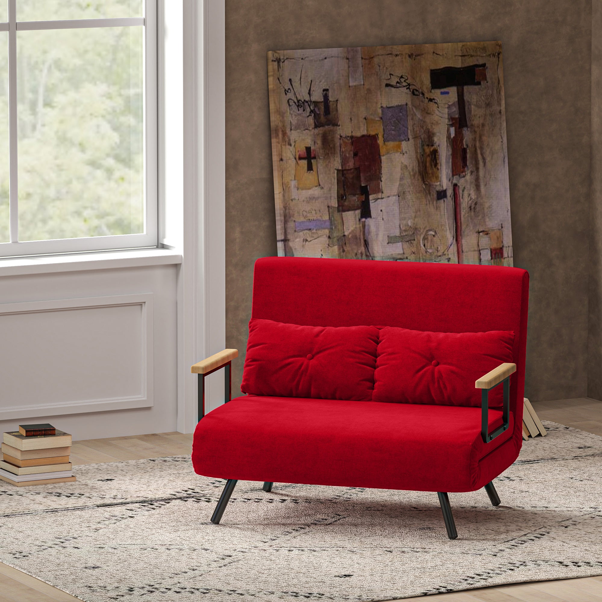 2-Seater Sofa Bed with Adjustable Backrest in 5 Levels, Folding Double Sofa Bed with 2 Cushions for Living Room, Upholstered Fabric, Steel and Wood, 102x73x81 cm, Red