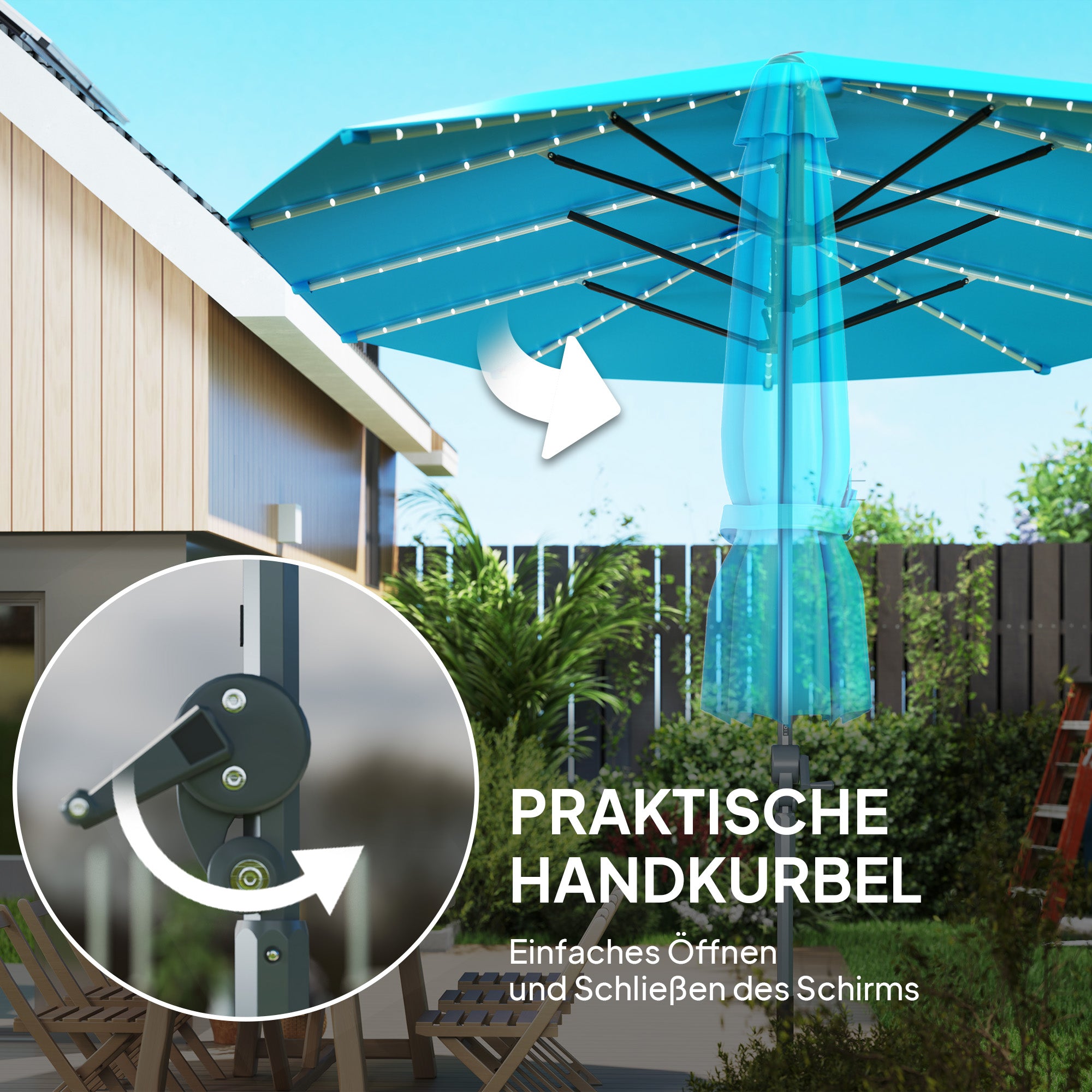 Double Sun Umbrella with Solar LED Lights 451x267 cm Aluminum UV 50+ Sun Umbrella with Hand Crank Fiberglass Ribs, Balcony Umbrella Windproof Market Umbrella Sun Protection for Balcony Garden Blue