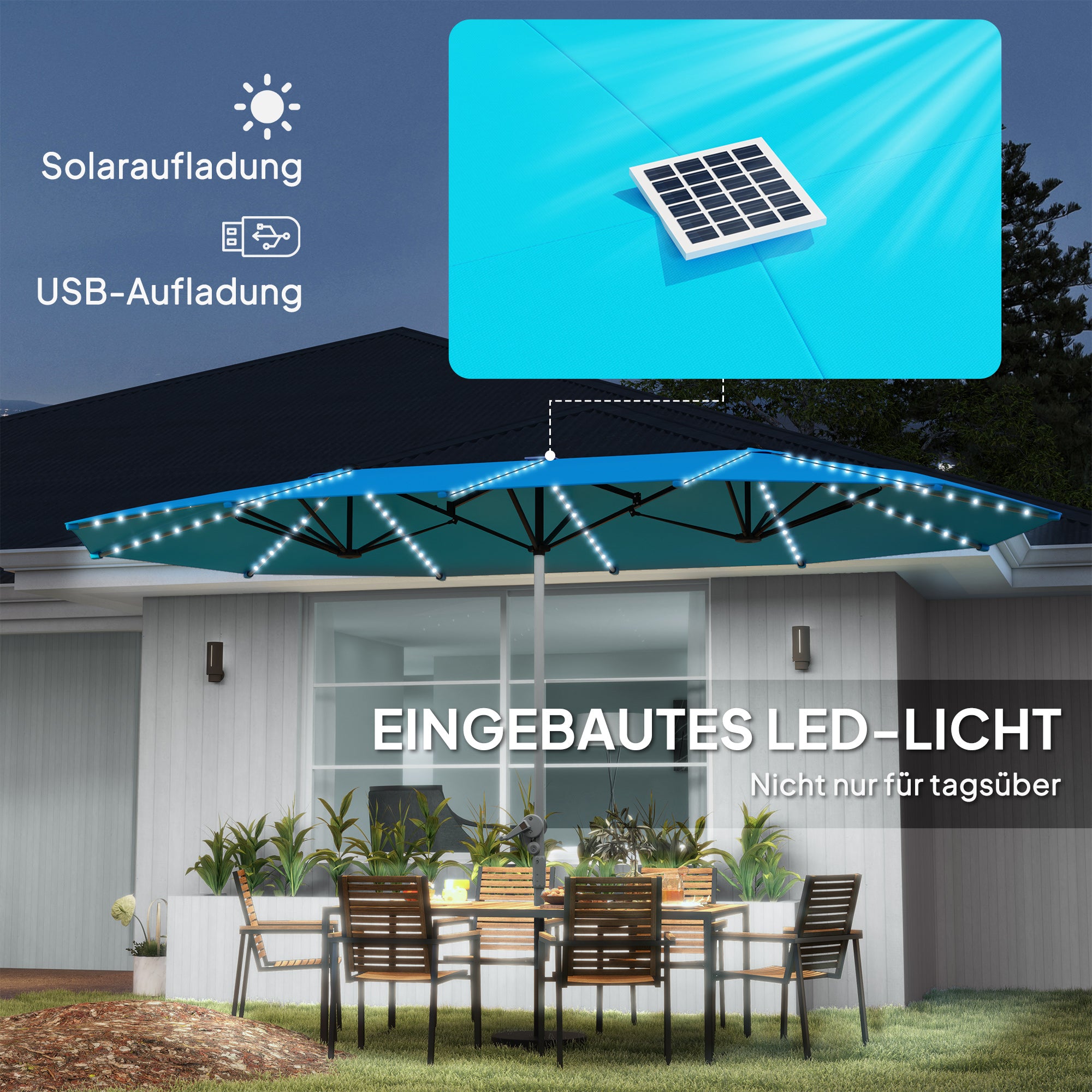 Double Sun Umbrella with Solar LED Lights 451x267 cm Aluminum UV 50+ Sun Umbrella with Hand Crank Fiberglass Ribs, Balcony Umbrella Windproof Market Umbrella Sun Protection for Balcony Garden Blue