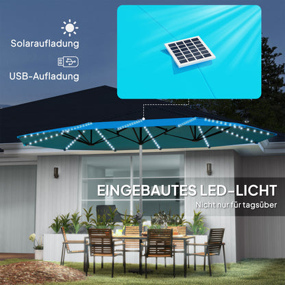Double Sun Umbrella with Solar LED Lights 451x267 cm Aluminum UV 50+ Sun Umbrella with Hand Crank Fiberglass Ribs, Balcony Umbrella Windproof Market Umbrella Sun Protection for Balcony Garden Blue