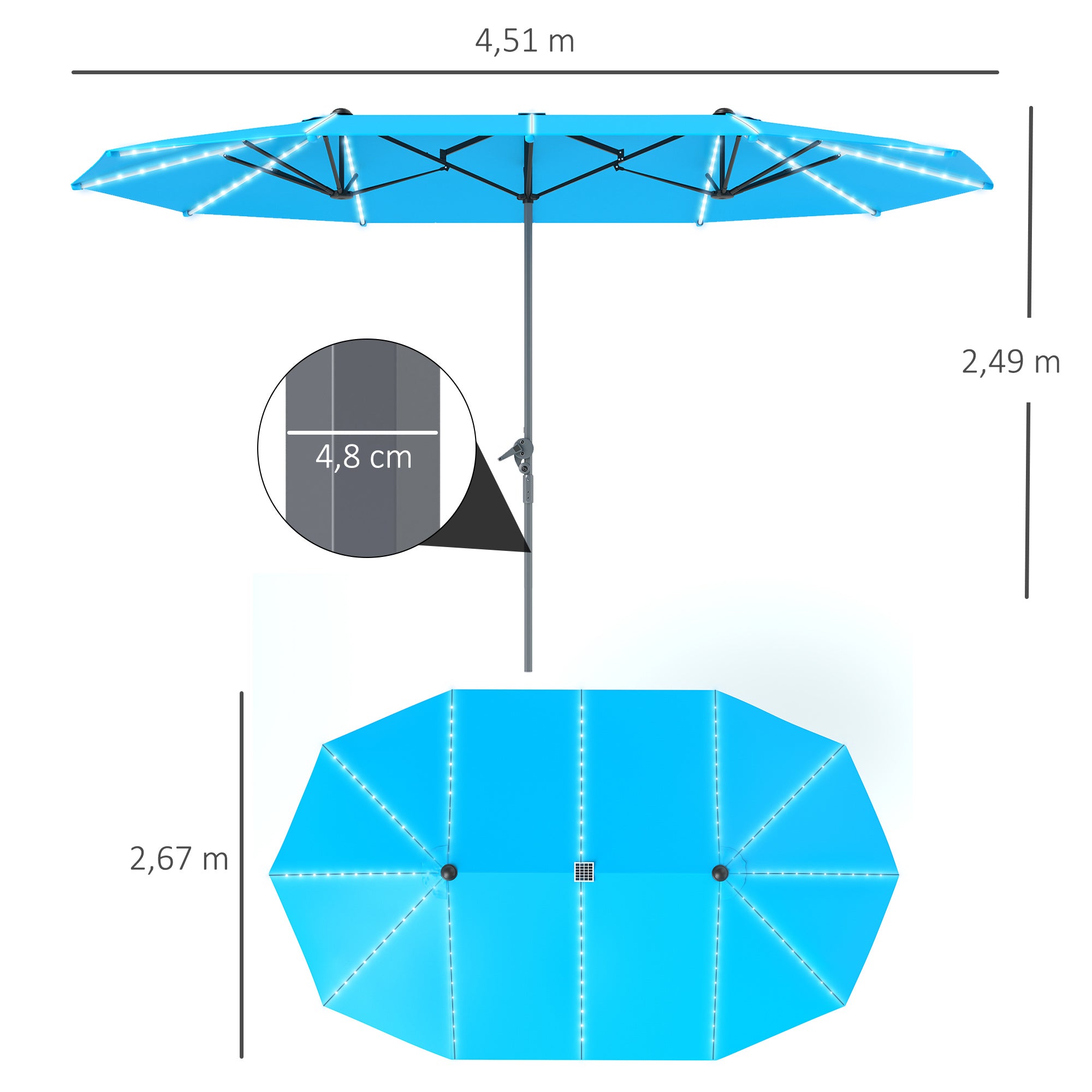 Double Sun Umbrella with Solar LED Lights 451x267 cm Aluminum UV 50+ Sun Umbrella with Hand Crank Fiberglass Ribs, Balcony Umbrella Windproof Market Umbrella Sun Protection for Balcony Garden Blue