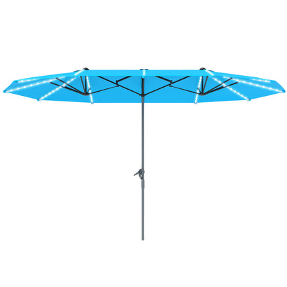 Double Sun Umbrella with Solar LED Lights 451x267 cm Aluminum UV 50+ Sun Umbrella with Hand Crank Fiberglass Ribs, Balcony Umbrella Windproof Market Umbrella Sun Protection for Balcony Garden Blue